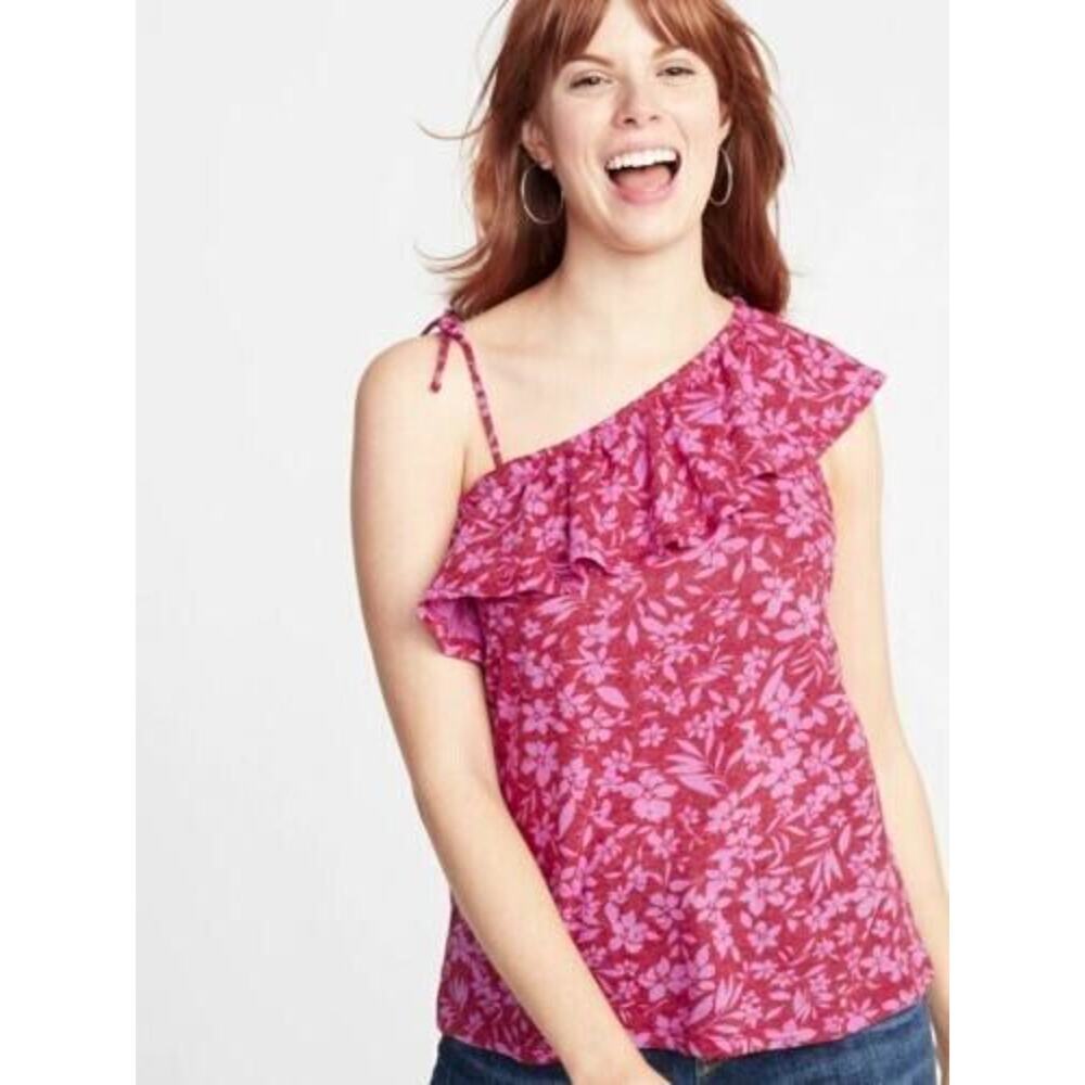 Old Navy Ruffled Linen-Blend One-Shoulder Top for Women Pink‎ Floral Medium